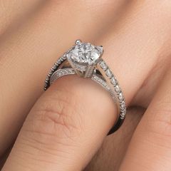 Round Brilliant Micropavé Milgrain Prongs Diamond Engagement Ring Setting (0.85ctw) in 18k White Gold