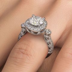 Round Halo Milgrain Filigree Vintage Style Diamond Engagement Ring Setting (1.05ctw) in 18k White Gold