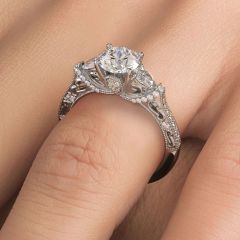 Round Head, Three Stone Ring With 2 Pear Shape Sides And Round Diamonds, Milgrain Vintage Style Diamond Engagement Ring Setting (0.70ctw) in 18k White Gold