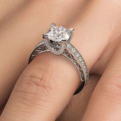 Round Head, Filigree U Shape Prongs Vintage Style Diamond Engagement Ring Setting (0.63ctw) in 18k White Gold