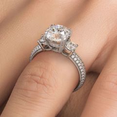 Round Center Three Stone Micropavé Eagle Prongs Diamond Engagement Ring Setting (1.12ctw) in 18k White Gold