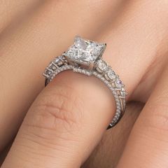 Princess Cut Micropavé & Graduated Side Diamond Engagement Ring Setting (0.90ctw) in 18k White Gold