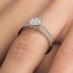 Round Brilliant 6 Prong Micropavé Milgrain Diamond Engagement Ring Setting (0.16ctw) in 18k White Gold