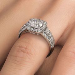 Cushion Halo With Round Center Diamond Vintage Style Diamond Engagement Ring Setting (1.17ctw) in 18k White Gold