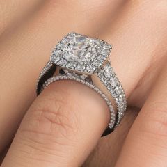 Cushion Halo Vintage Style Micropavé Graduated Shank Diamond Engagement Ring Setting (2.40ctw) in 18k White Gold