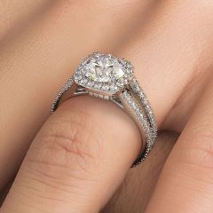 Cushion Halo With Round Center Diamond Split Shank French Cut Diamond Engagement Ring Setting (0.98ctw) in 18k White Gold