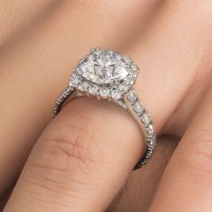Cushion Halo With Round Center Double Prongs Micropave Diamond Engagement Ring Setting (1.65ctw) in 18k White Gold