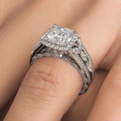 Cushion Halo Micropavé Vintage Style Milgrain Diamond Engagement Ring Setting (1.40ctw) in 18k White Gold