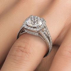 Cushion Halo With Round Center Diamond Micropavé Split Shank Diamond Engagement Ring Setting (1.40ctw) in 18k White Gold