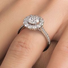 Round Halo Floral Shape Micropave Diamond Engagement Ring Setting (1.07ctw) in 18k White Gold