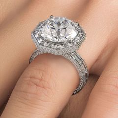 Octagon Halo, 3 Sided Pave Shank With Milgrain Diamond Engagement Ring Setting With Side Straight Baguettes And Round Diamonds (2.75ctw) in 18k White Gold