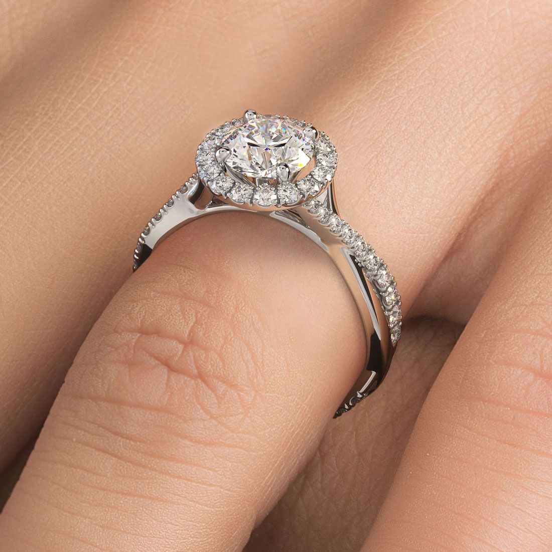 Round Halo Infinity Twist Shank Diamond Engagement Ring Setting (0.42ctw) in 18k White Gold