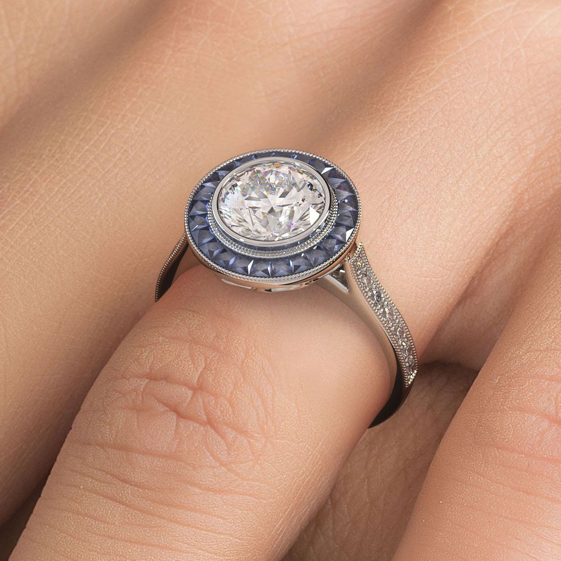 Round Brilliant Antique Art Deco Bezel Set Sapphire & Diamond Engagement Ring Setting (1.05ctw) in Platinum