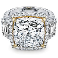 Cushion Halo With Yellow Gold Cover Back And Side Trapezoids Diamond Engagement Ring Setting (0.67ctw Side Round Diamonds And 0.25ctw Side Trapezoids) in 18KYW 