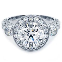 Round Halo Milgrain Filigree Vintage Style Diamond Engagement Ring Setting (1.05ctw) in 18k White Gold