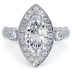  Marquise Halo Milgrain Filigree Vintage Diamond Engagement Ring Setting (1.40ctw) in 18k White Gold
