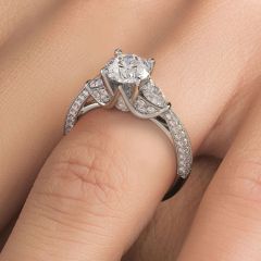 Round Center Three Stone Milgrain Vintage Style Diamond Engagement Ring Setting (0.75ctw) in 18k White Gold