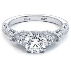 Round Head, Three Stone Ring With 2 Pear Shape Sides And Round Diamonds, Milgrain Vintage Style Diamond Engagement Ring Setting (0.70ctw) in 18k White Gold