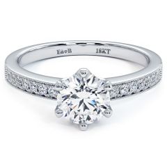 Round Brilliant 6 Prong Micropavé Milgrain Diamond Engagement Ring Setting (0.16ctw) in 18k White Gold