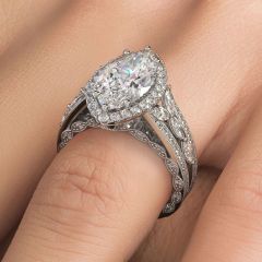 Marquise Halo Micropavé Vintage Style Milgrain Diamond Engagement Ring Setting (1.60ctw) in 18k White Gold