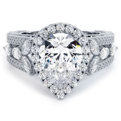 Pear Shape Halo Micropavé Vintage Style Milgrain Diamond Engagement Ring Setting (1.50ctw) in 18k White Gold