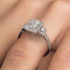 Emerald Cut Halo With Two Trapezoids On Sides Micropavé Diamond Engagement Ring Setting (0.80ctw) in 18k White Gold