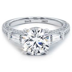 Round Center & Side Tapered Baguettes Three Stone Micropavé Diamond Engagement Ring Setting (1.10ctw) in 18k White Gold