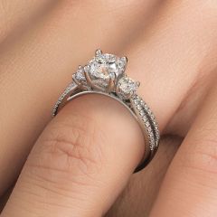 Round Center Three Stone Micropavé Diamond Engagement Ring Setting (0.55ctw) in 18k White Gold