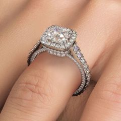 Cushion Halo With Asscher Cut Center Micropavé Diamond Engagement Ring Setting (1.21ctw) in 18k White Gold
