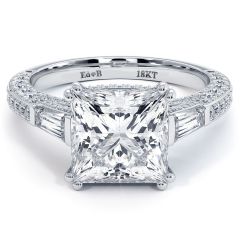 Princess Cut Center With Double Prongs & Side Tapered Baguettes Three Stone Micropavé Diamond Engagement Ring Setting (1.10ctw) in 18k White Gold