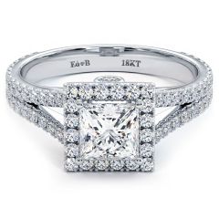Princess Cut Halo Micropavé Split Shank Diamond Engagement Ring Setting (0.72ctw) in 18k White Gold