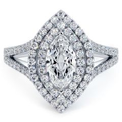 Marquise Shape Double Halo Micropavé Split Shank Diamond Engagement Ring Setting (0.75ctw) in 18k White Gold