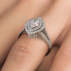 Marquise Shape Double Halo Micropavé Split Shank Diamond Engagement Ring Setting (0.75ctw) in 18k White Gold