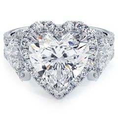 Heart Shape Halo With Three Stone Heart Shape Sides And Round Diamonds, Two Row Diamond Shank Engagement Ring Setting (1.0ctw) in 18k White Gold