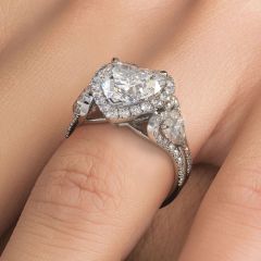 Heart Shape Halo With Three Stone Heart Shape Sides And Round Diamonds, Two Row Diamond Shank Engagement Ring Setting (1.0ctw) in 18k White Gold