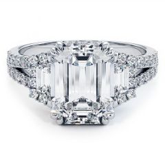 Emerald Cut Head Double Prongs, Three Stone Ring With Side Trapezoids And Round Diamonds Split Shank Diamond Engagement Ring Setting (0.83ctw) In 18k White Gold