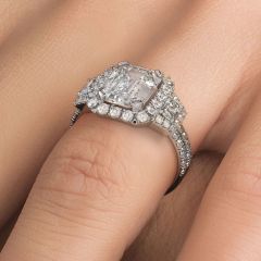 Emerald Cut Halo With Two Trapezoids On Sides Micropavé Diamond Engagement Ring Setting (1.23ctw) in 18k White Gold