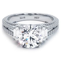 Round Center & Side Trapezoids Three Stone Micropavé Split Shank Diamond Engagement Ring Setting (1.00ctw) in 18k White Gold