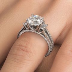 Round Center & Side Trapezoids Three Stone Micropavé Split Shank Diamond Engagement Ring Setting (1.00ctw) in 18k White Gold
