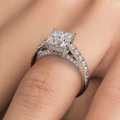 Princess Cut Micropavé Milgrain Prongs Diamond Engagement Ring Setting (0.80ctw) in 18k White Gold