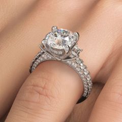 Round Center Diamond Micropavé Three Stone Diamond Engagement Ring Setting (1.65ctw) in 18k White Gold
