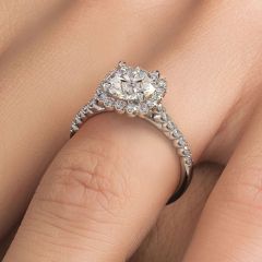 Cushion Halo With Round Center Beaded Prong Diamond Engagement Ring Setting (0.50ctw) in 18k White Gold