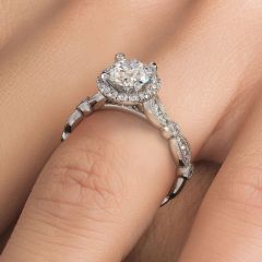 Round Halo Milgrain Filigree Vintage Style Diamond Engagement Ring Setting (0.55ctw) in 18k White Gold