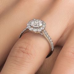 Round Halo, Floral Shape, Cathedral Diamond Shank, Diamonds On The Bridge, Engagement Ring Setting (0.90ctw) in 18k White Gold