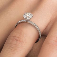 6 Prong Head for Round Cut Center, Petite Micropave Diamond Shank, Engagement Ring Setting (0.30ctw) in 18k White Gold