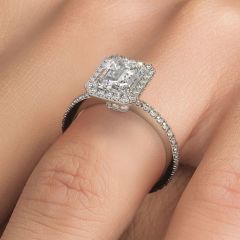 Radiant Cut Halo With Emerald Cut Center Micropavé Diamond Engagement Ring Setting (0.65ctw) in 18k White Gold