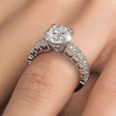 Round Brilliant Micropavé Halo Set Shank Diamond Engagement Ring Setting (0.85ctw) in 18k White Gold