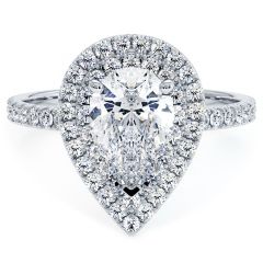 Pear Shape Double Halo With 3 Prongs Diamond Engagement Ring Setting (0.62ctw) in 18k White Gold