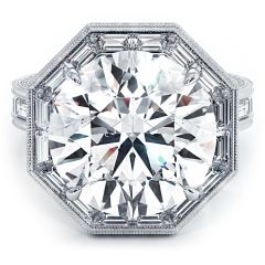 Octagon Halo, 3 Sided Pave Shank With Milgrain Diamond Engagement Ring Setting With Side Straight Baguettes And Round Diamonds (2.75ctw) in 18k White Gold
