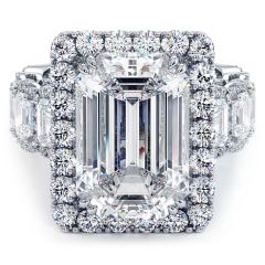 Emerald Halo With Side Emerald Cut Diamond Wrapped In A Halo, Diamond Engagement Ring Setting (3.85ctw) in 18k White Gold